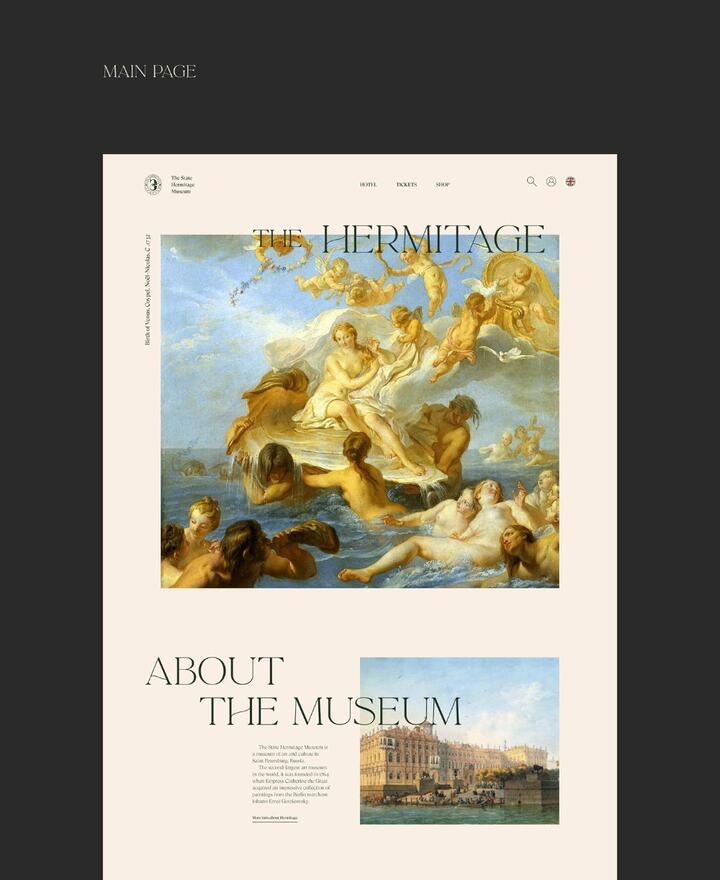 Museum catalogue layout reference with classical artwork and large editorial typography.